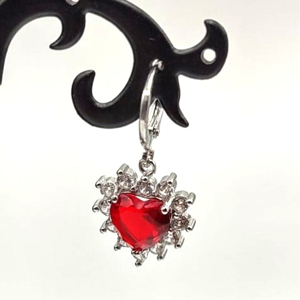925 Sterling Silver Heart Earrings w/ Synthetic Ruby & Diamonds Valentines Gift